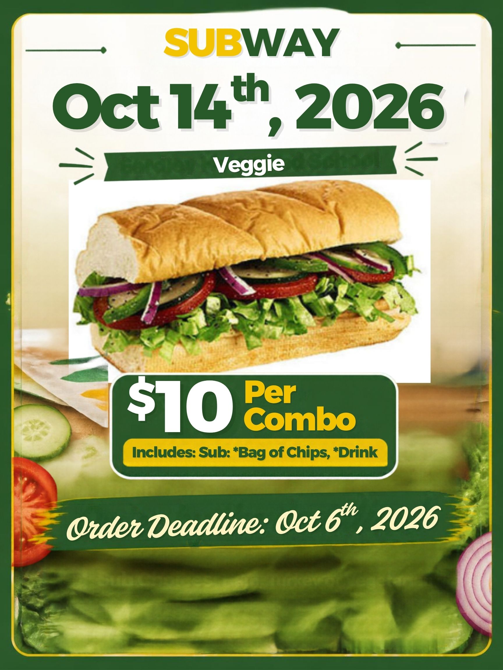 6" Veggie Sub Combo | Subway day | October 14th 2026
