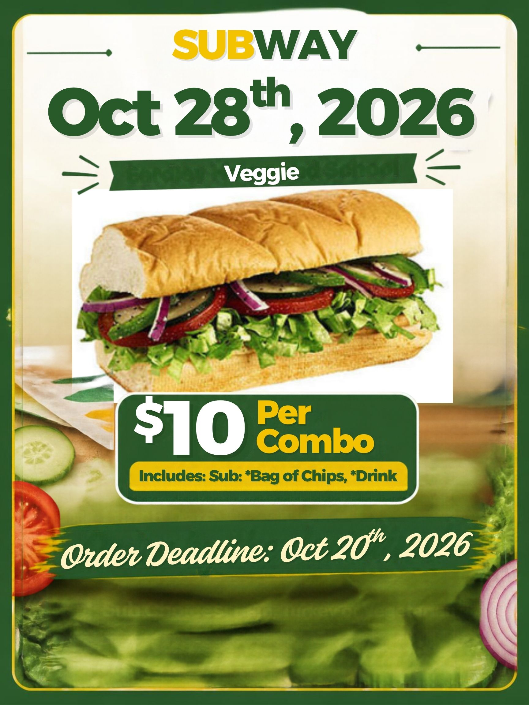 6" Veggie Sub Combo | Subway day | October 28th 2026